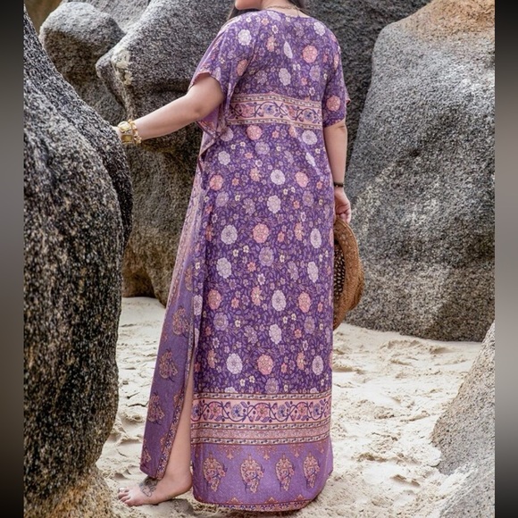 Boho Floral Print Slit Batwing Sleeve Kimono Dress - Picture 3 of 7